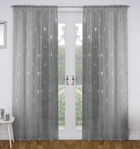 Image of Tyrone Textiles Pair of Birch Silver Metallic Tree Print Sheer Voile Panels 137 CMS with Rod Pocket Header