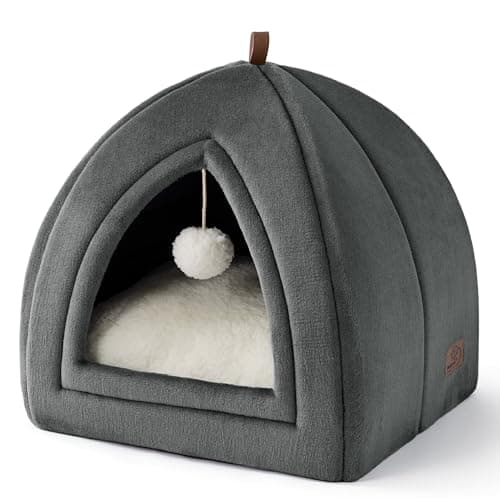 Image of Bedsure Cat Cave Bed Indoor - Flannel Hooded Cat Igloo House, 40x40x40cm Enclosed Foldable Pet Bed with Removable Washable Cushion Pillow, Dark Grey