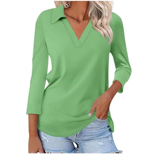 Image of Tunic Tops for Women UK Women Tops Going Out 3/4 Sleeve V Neck Basic Work Business Tees Shirt Summer Causal Fashion Solid Loose Fit Blouses Green Womens Tops Size 16-18 UK S