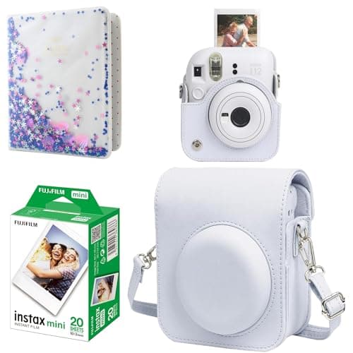 Image of Mini 12 Camera Starter Kit For Fuji Instax Mini 12 Clay White Kit Includes Mini Instant Film 20 Photos, Matching Colour PU Leather Case & 64 Pocket Mini Photo Book Album for Instax Mini 12 White ID