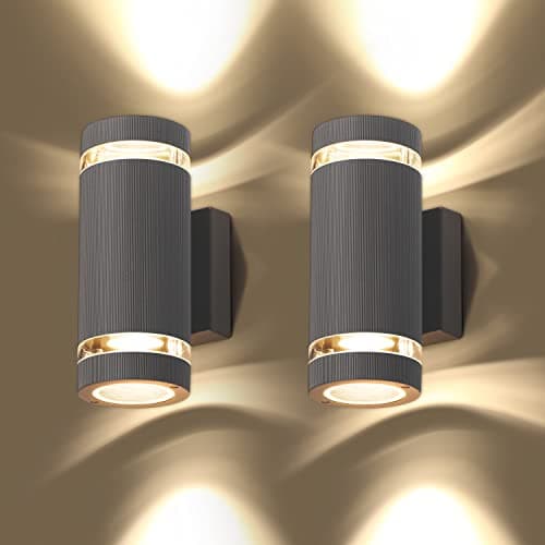 Image of CELAVY Outdoor Wall Lights Up Down, Outside Wall Lights Mains Powered, IP65 Front Door Porch Light GU10 Aluminium, External Electric Round LED Lighting Lamp Wall Mounted for House 2 Pack, Grey