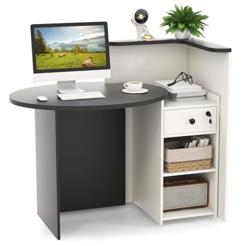 Image of SFAREST Reception Desk, Wooden Front Cashier Table with Open Shelf and Lockable Function, Modern Retail Corner Computer Desk for Salon Office Restaurant(Black Table+White Shelf)