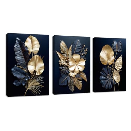 Image of FajerminArt 3 Panels Modern Canvas Wall Art Navy Blue Gold Flowers Coconut Leaves Pictures Painting on Canvas Prints for Living Room Bedroom Office Wall Decoration Stretched On Frame 50x70cmx3Pcs