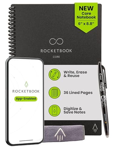 Image of Rocketbook New Core Reusable Spiral Notebook, Executive Size 6x8.8, Black - Lined Pages, App-Connected, Erasable, Durable Cover, Ideal for School, Work, and Creative Projects