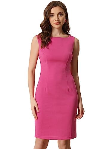 Image of Allegra K Sheath Dress for Women's Business Teacher Sleeveless Boat Neck Professional Office Dresses Medium Hot Pink