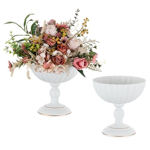 Image of Sziqiqi White Urn Vases for Wedding: 20cm Metal Vase Set of 2 for Birthday Party Anniversary Dining Table Centrepieces- Small Flower Urn Vases for Artificial Flower Arrangement Decoration