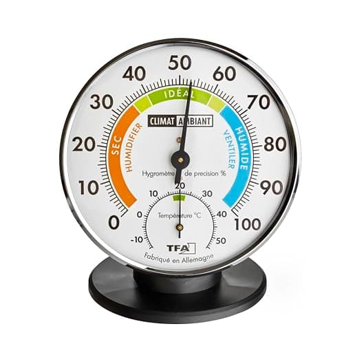 Image of TFA Dostmann 45.2033.FR French Precision Thermometer Hygrometer for Indoor Climate Control, Analogue Temperature/Humidity Control, Silver/Black