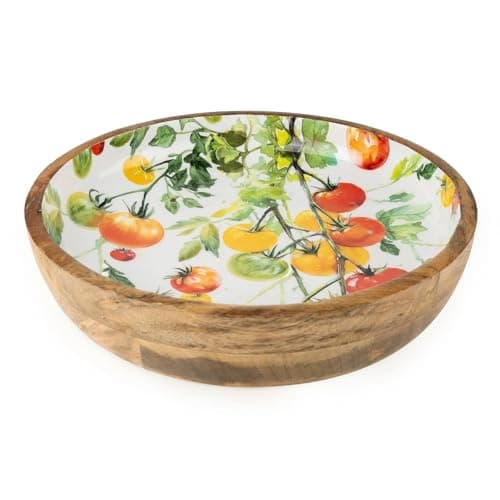 Image of Carousel Home Large Mango Wood Tomato Serving Bowl, 30cm Handcrafted Wooden Salad and Fruit Bowl with Enamel Interior Rustic Mediterranean Kitchenware