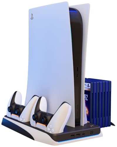 Image of Q-View 4-in-1 Vertical Stand Compatible with PS5 Disc & Digital Edition Consoles – Docking Station with Controller Charging, Cooling Fans & Game Storage Tray (White/Black)