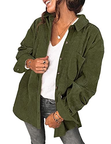 Image of Saslax Womens Corduroy Shirt Long Sleeve Oversized Button Up V Neck Blouses Tops Loose Shacket Jacket, A-Army Green, M