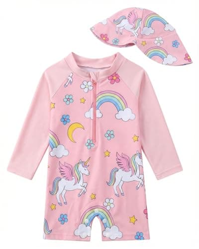 Image of JiAmy Baby Girls Swimming Costume with Sun Hat Long Sleeve Zipper Rash Guard Sun Protection Beach Infant Toddler Baby Swimsuit One Piece Bathing Suits Pink Horse 3-6 Months