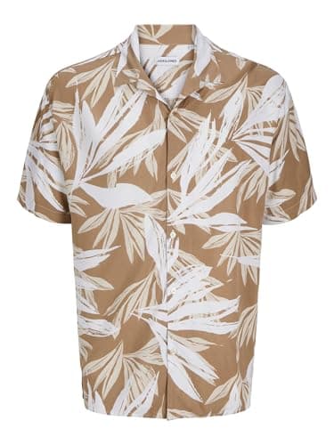 Image of JACK & JONES Men's Jjejeff Tropical AOP Resort Shirt Sn Pls Short Sleeve Shirt, Coriander, 6XL