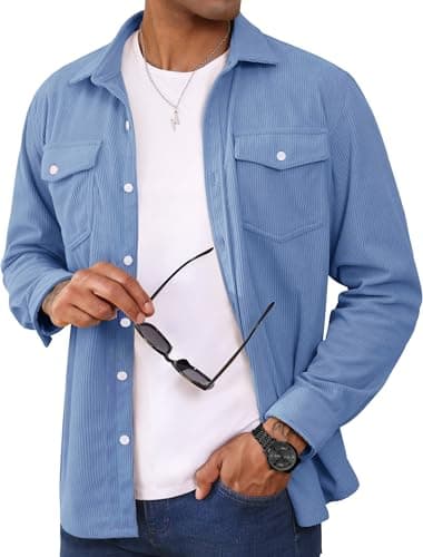 Image of MAGCOMSEN Mens Shirt Corduroy Long Sleeve Top Casual Button Down Work Overshirt Jacket with Chest Pocket Light Blue