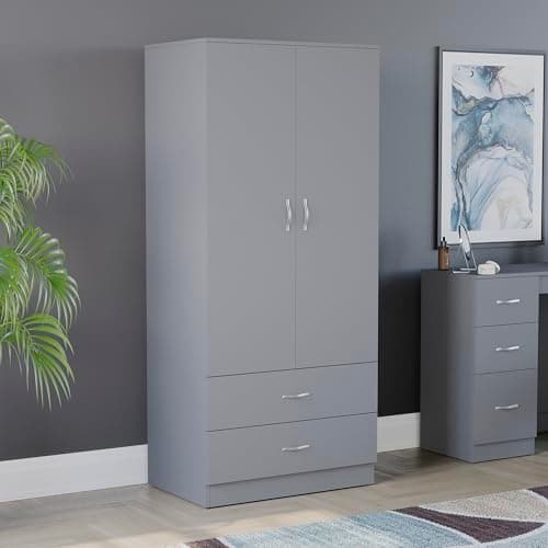 Image of Vida Designs Riano 2 Door & 2 Drawer Wardrobe | Grey | Bedroom Furniture | 170H x 76W x 53D cm | with Shelf & Hanging Rail | Large Capacity Storage