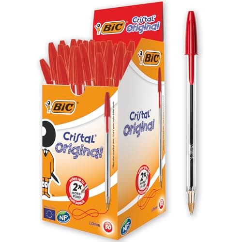 Image of Bic Cristal Original Ballpoint Pens, Medium Point (1.0 mm), Red, Box of 50 - Smudge-Free, Every-Day Writing Pens with Clear Barrel, 8373619