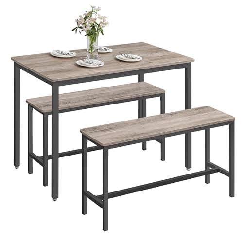 Image of VASAGLE Dining Table with 2 Benches, 3 Piece Set, Kitchen Table of 70 x 110 x 75 cm, 2 Benches of 30 x 97 x 50 cm Each, Steel Frame, Heather Greige and Ink Black KDT070B02