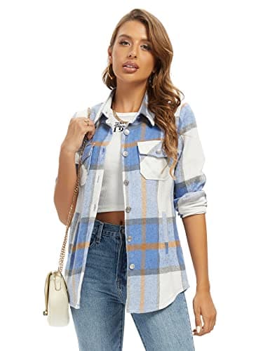 Image of Aeslech Women's Plaid Shacket Flannel Checked Shirts Lightweight Jacket Button Down Long Sleeve Casual Oversized Shirts 2 Blue XS