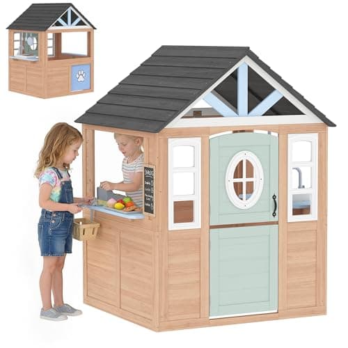 Image of AIYAPLAY Playhouse for Kids, Wooden Wendy House with Pet Door, Play Kitchen, Half Door and Windows for Indoor Outdoor Pretend Play Fun, Ages 2+, Natural Wood