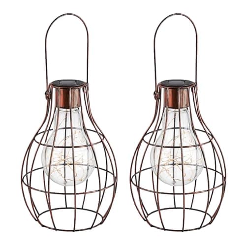 Image of Marco Paul 2 x Solar Copper Hanging Firefly Lantern with LED Lights Patio Storm Vase Table Lantern Or Window Centre Piece Indoor Outdoor