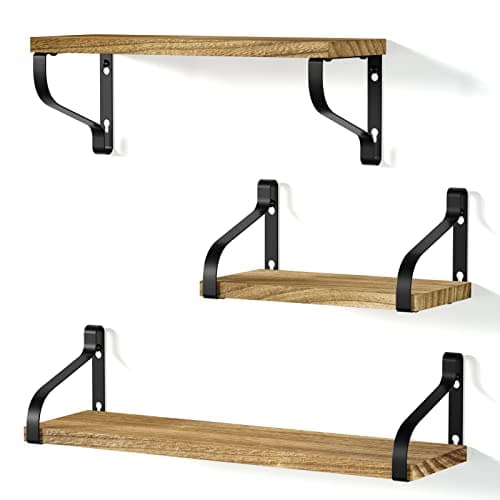 Image of Love-KANKEI Rustic Shelves, Decorative Wall Shelf Set of 3, Floating Shelves for Bathroom, Bedroom, Living Room,Kitchen, Office and More, Carbonized Black
