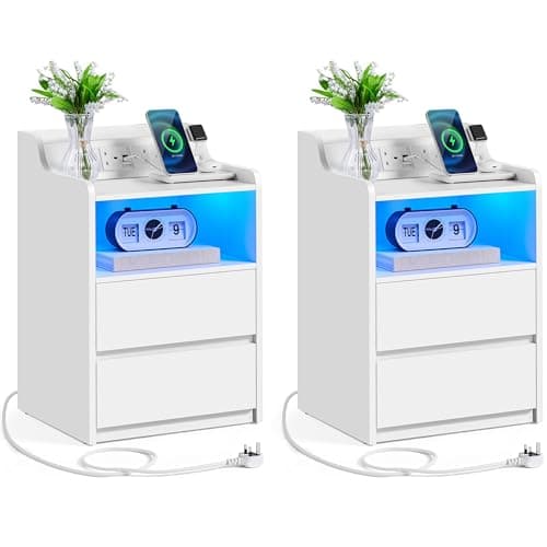 Image of Yaheetech Bedside Table Set of 2 with Charging Station and LED Light, Wooden Sofa Side Table, Nightstand with 2 Storage Drawers and Open Compartment White
