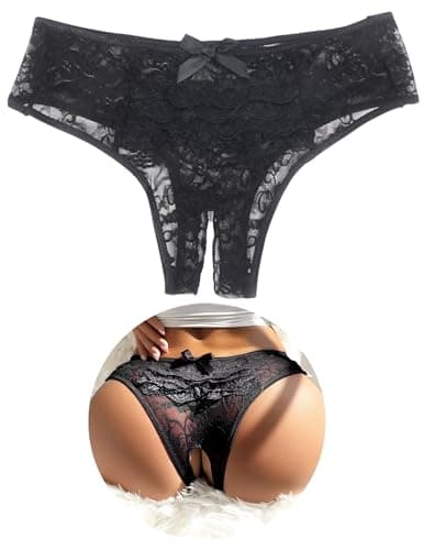 Image of ohyeahlady Plus Size Sexy French Knickers Women Lace Ruffled Thongs Brazilian Knickers Ladies Sheer Mesh Knickers Nylon Panties Stretchy Bikini Briefs Underwear Black Size M