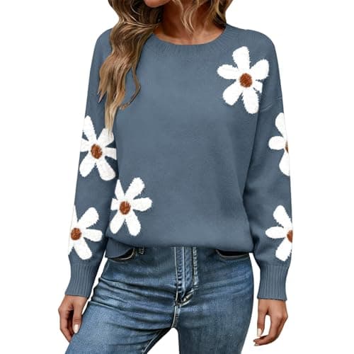 Image of Winter Jumpers for Women Trendy Crew Neck Chunky Knit Jumpers Winter Spring Pullover Flower Sweaters Dressy Casual Thermal Knitted Tops Cosy Festive Knitwear Plus Size Thermal Tops,Blue,XL