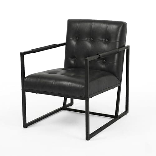 Image of EVRE Accent Armchair PU Leather Tub Chair with Tufted Backrest, Padded Metal Arms & Powder-Coated Frame | Lounge, Reading & Reception Chair for Living Room, Bedroom, Office. (Black, Leather)