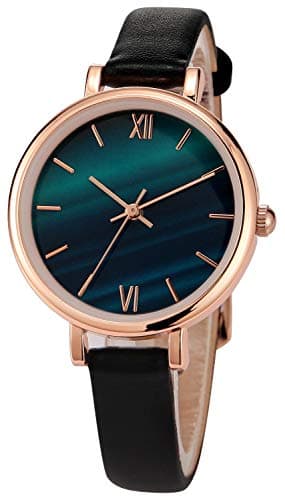 Image of NUOVO Women Watches Ladies Women's Malachite Textured Dial Black Leather Strap Watch Elegant Analogue Classic Quartz Watches for Women