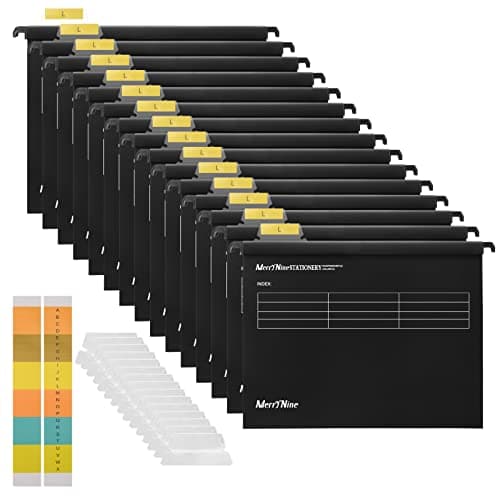 Image of Suspension Files, MerryNine 15PCS Polypropylene Filing Cabinet Suspension Files with Tabs and Card Inserts for School Home Work Office Organization **Check Size Before Ordering**(Black, A4)