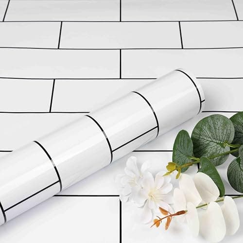 Image of ReWallpaper Glossy White Subway Tile Wallpaper Self Adhesive 40CMx7M Vinyl Wrap for Table Top Furniture Bathroom Wallpaper White Decorative Stickers for Wall Paper Roll Pattern Tile Effect