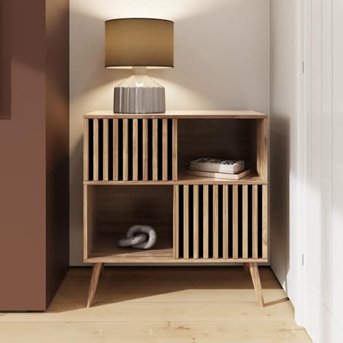 Image of GFW Rowan Compact Sideboard with Slat Front Doors, Oak Effect Storage Cabinet, Small Space Organiser for Living Room, Dining Room or Hallway