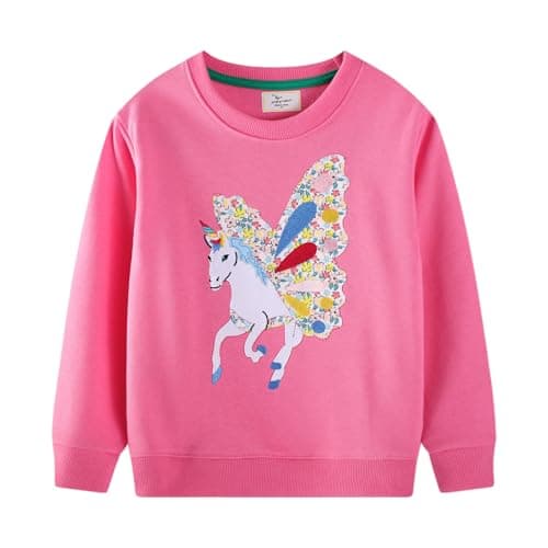 Image of QHKEPW Kids Clothes Unicorn 6-7 Years Girls Jumper Toddler Top Long Sleeve Round Neck Cotton Casual Sweatshirt T Shirt Red