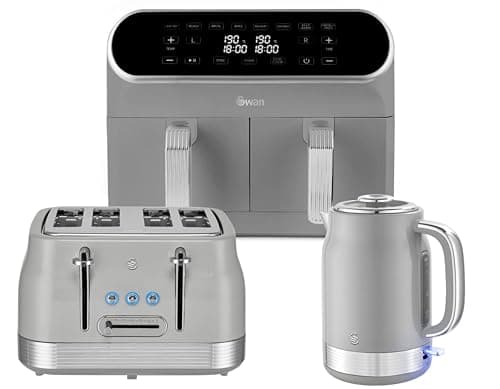 Image of Swan Retro Revive Grey Kitchen Set – 1.7L Rapid Boil Kettle, 4 Slice Toaster & 8L Dual Basket 1700W Air Fryer – Matching Vintage Design with Chrome Accents Bundle Set