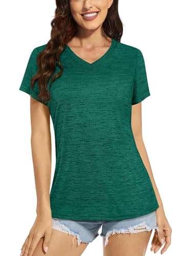 Image of TACVASEN Ladies Tee Shirts Short Sleeve Athletic Shirts Gym Performance T Shirts V-Neck Yoga Tops Emerald Green