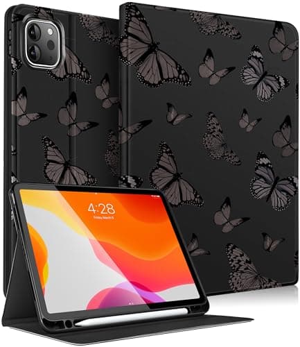 Image of Pegmode for iPad Pro 12.9 Case Women Girls Cute Butterfly Folio Cover Black Girly Aesthetic Pretty Design With Pencil Holder Smart Cover for Apple iPad Pro 12.9 Inch Cases 2022/2021/2020/2018