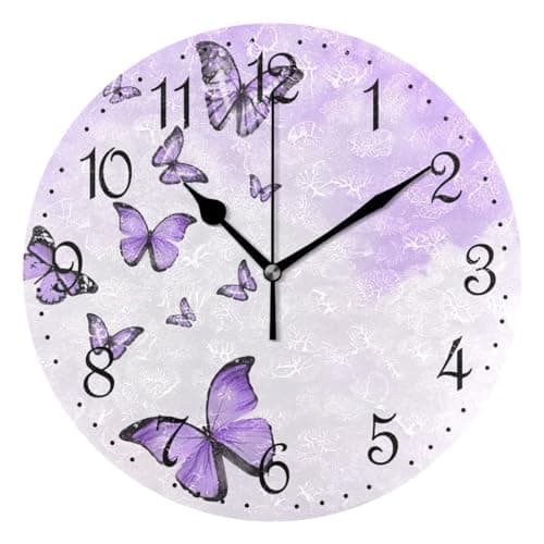 Image of Mnsruu Wall Clock Purple Butterflies Silent Non-Ticking Decorative Wall Clocks Battery Operated 25x25cm for Home Living Room Kitchen Bathroom Bedroom