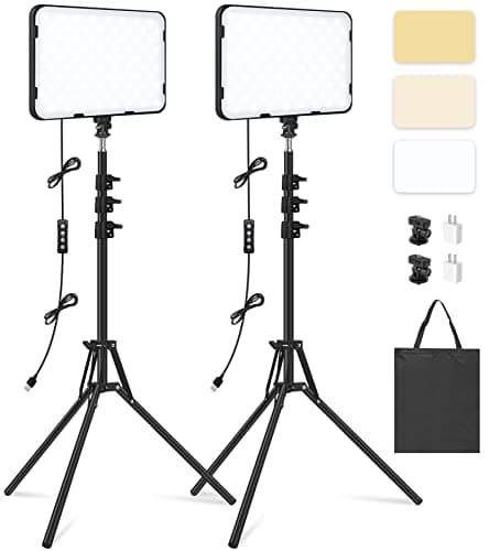 Image of 2 Pack LED Video Light with 63'' Tripod Stand, Obeamiu 2500-8500K Dimmable Photography Studio Lighting for Video Film Recording/Collection Portrait/Live Game Streaming/YouTube Podcast