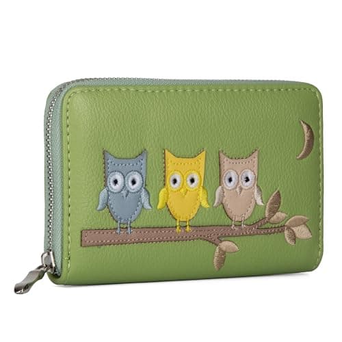 Image of Woodland Leathers Italian Designed Women's Wallets, Card Cases & Money Organisers, Roomy, Super Soft and Fancy Ladies Purse Clutch, Multi Compartment Card Organiser Purse (Owls Green)