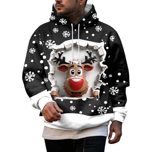 Image of Generic Christmas Jumper Men's Hoodie, Funny Funky Reindeer Snowman 3D Print Christmas Jumper Casual Hooded Sweatshirt with Pocket, Christmas Hoodie, 2-black, 4XL