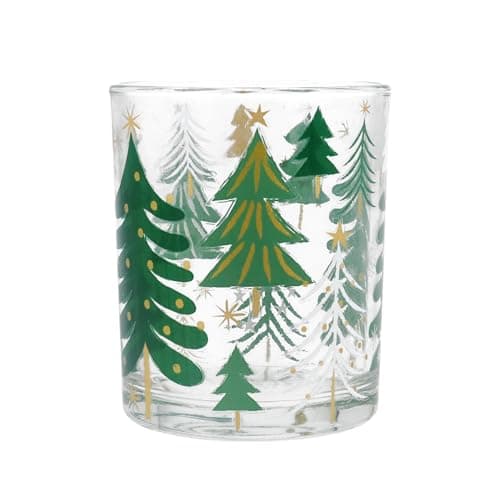 Image of Gisela Graham Glass Tea Light Holder with Green Christmas Trees