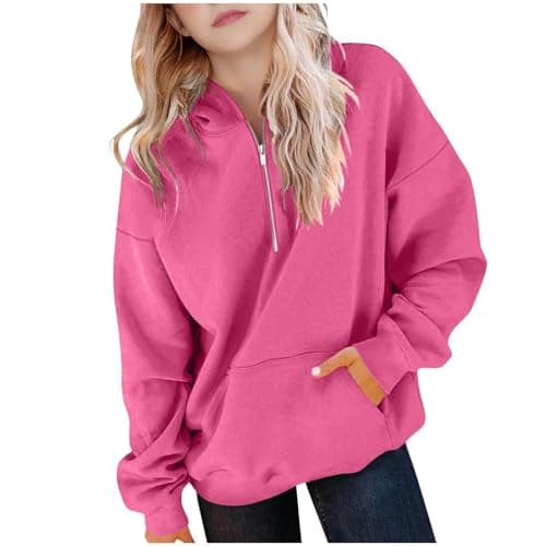 Image of duxyoz Girls Half Zip Hooded Sweatshirts Hoodie With Pockets Casual Oversized Long Sleeve Pullover Tops Winter Preppy Sweatshirts Cute Hoodies For Teen Girls Baggy Sweatshirt With Hood 14-15 Years