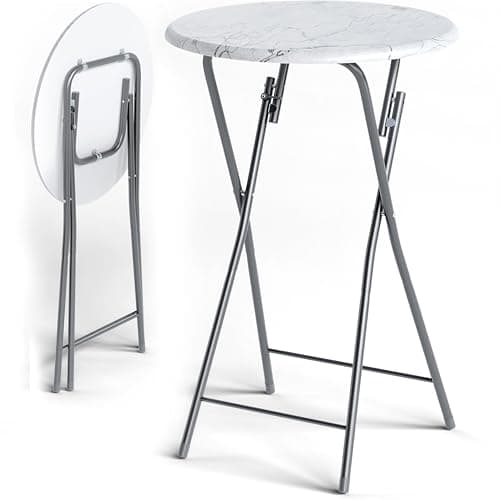 Image of CASARIA® Marble Effect Folding 60cm Bar Table | Height 110cm | Foldable Easy Care | Side Table Cocktail Round Dining High Garden Patio Balcony Terrace | White