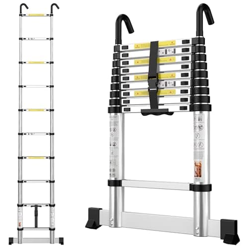 Image of Telescopic Ladder 2.9M / 9.5FT Aluminium Extension Loft Ladder with Stabilizer Bar & Detachable Hooks, Multi Purpose Extendable Portable Folding Ladders, 10 Steps, EN131, Aluminium