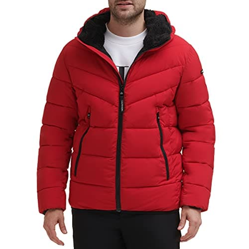 Image of Calvin Klein Men's Heavyweight Short Puffer Jacket, Hooded Stretch Deep Red, L