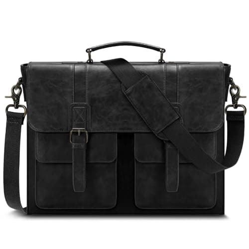 Image of RAINSMORE Messenger Bag Briefcase for Men Waterproof PU Leather Laptop Bag 15.6 Inch Vintage Satchel Bag for Work Business Office College Black