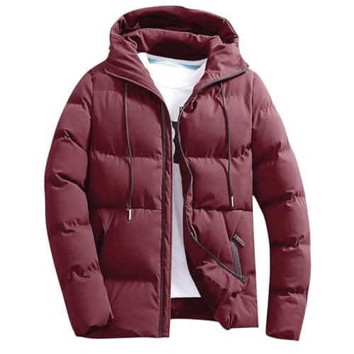 Image of Men's Puffer Jacket Casual Full Zip Long Sleeve Hooded Coats Warm Solid Color Drawstring Quilted Down Jackets Lightweight Padded Outerwear for Cold Weather Fashion Streetwear Parkas Outwear