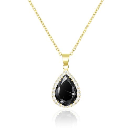 Image of Linawe Black Crystal Gold Chain Necklace for Women Trendy, Imitation Diamond Pendant Boho Cubic Zirconia Birthstone Rhinestone Teardrop Necklace, Preppy Queen Costume Jewellery