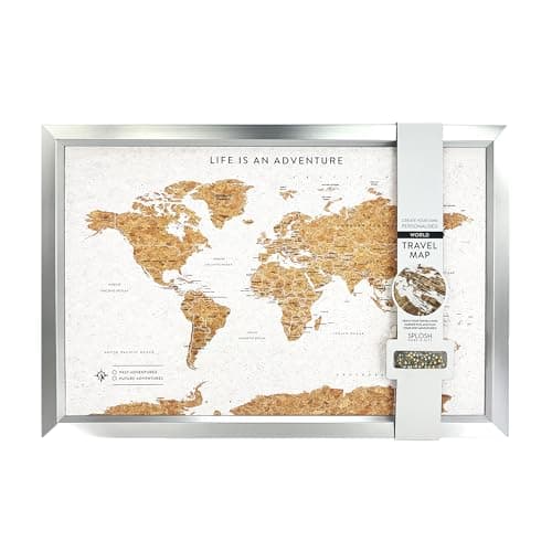 Image of Splosh Framed World Travel Map with Pins – White Cork World Map with Silver Frame Push Pin Travel Map Wall Art Pin Board Travel Tracker Past & Future Adventures Gift for Men & Women (55 x 37 cm)