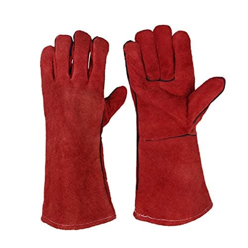 Image of JZK Heavy duty large leather heat resistant heat proof lined welders gauntlets gloves for wood burner log burner BBQ, gardening gloves for men